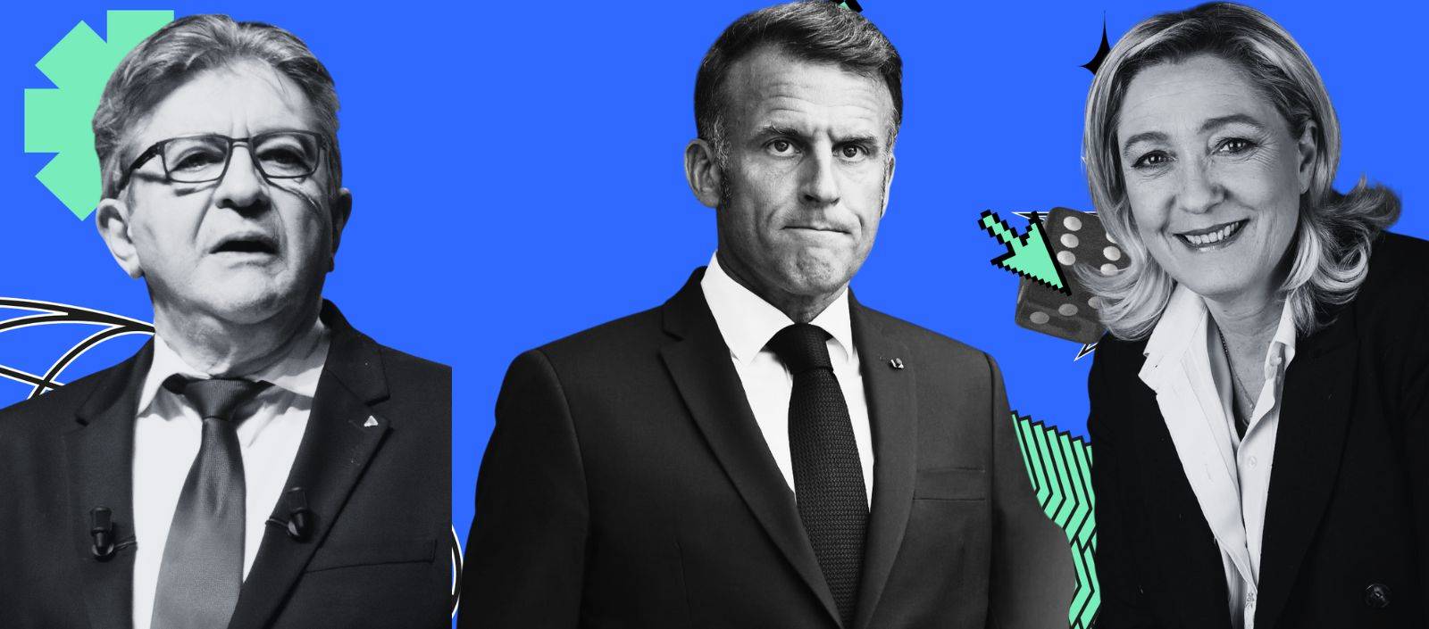 Jean-Luc Mélenchon (LFI), Emmanuel Macron (LREM), président de la République, et Marine Le Pen (RN).